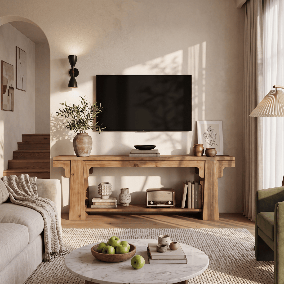 63" Farmhouse Solid Wood TV Stand for 75" TV, 2-Tier Open Shelf, Living Room