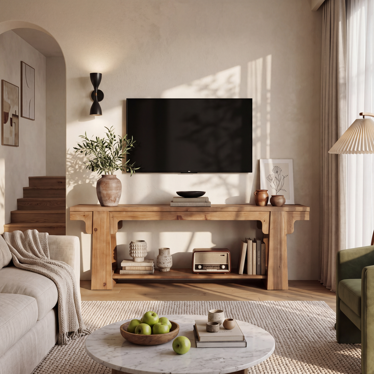63" Farmhouse Solid Wood TV Stand for 75" TV, 2-Tier Open Shelf, Living Room