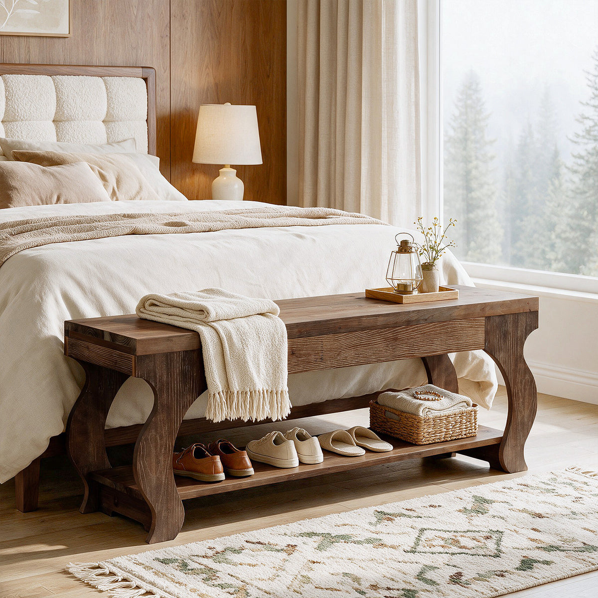 55" Solid Wood Entryway Bench with Storage Shelf, 2-Tier Farmhouse End of Bed Seat