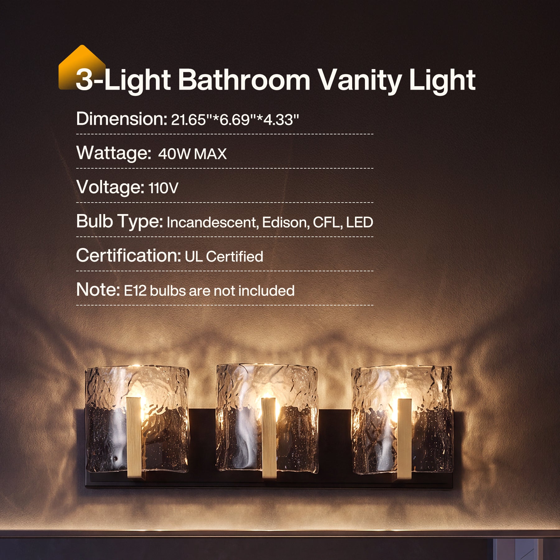 3‑Light Bathroom Light Fixtures, Modern Vanity Light with Smoky Gray Water Ripple Glass
