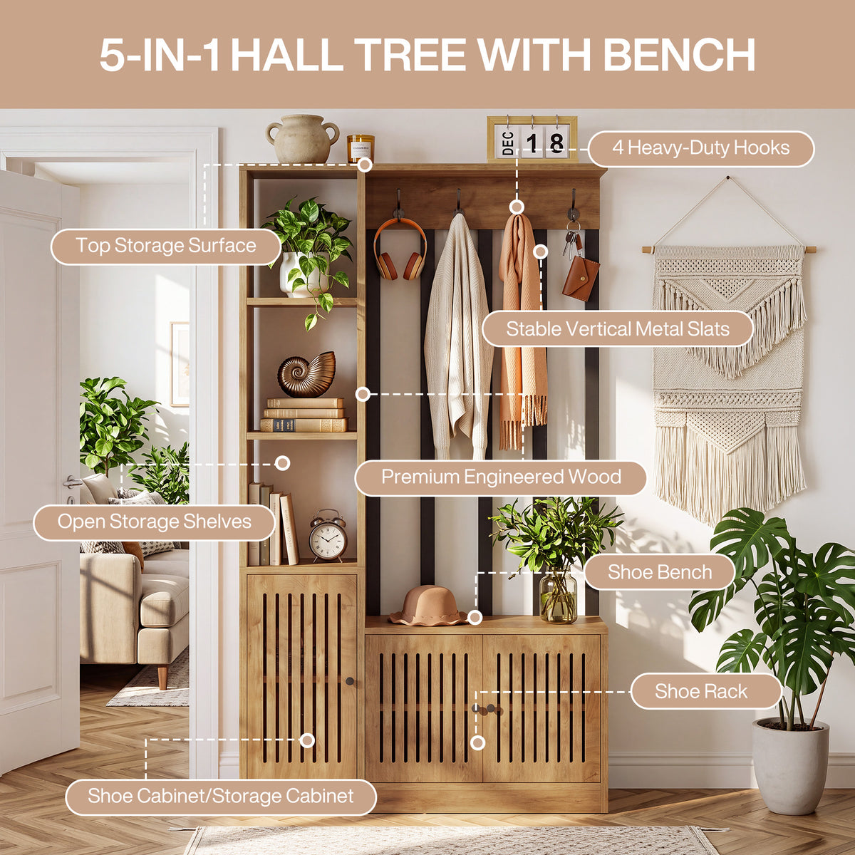 71" Mudroom Hall Tree with Shoe Storage Bench, Coat Hooks & Closed Cabinets
