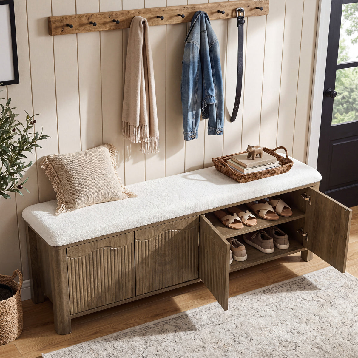 55.12" Upholstered Entryway Storage Bench, Farmhouse Shoe Bench with 4 Cabinet Doors