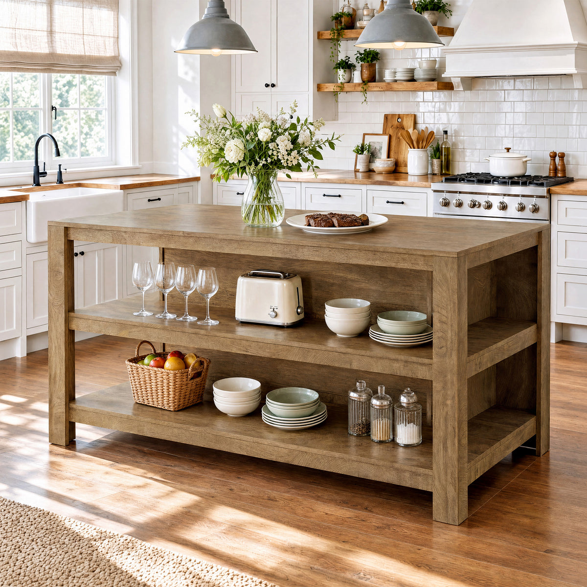 63" Kitchen Island, 2-Tier Counter Height Bar Table with Storage for Kitchen, Dining Room