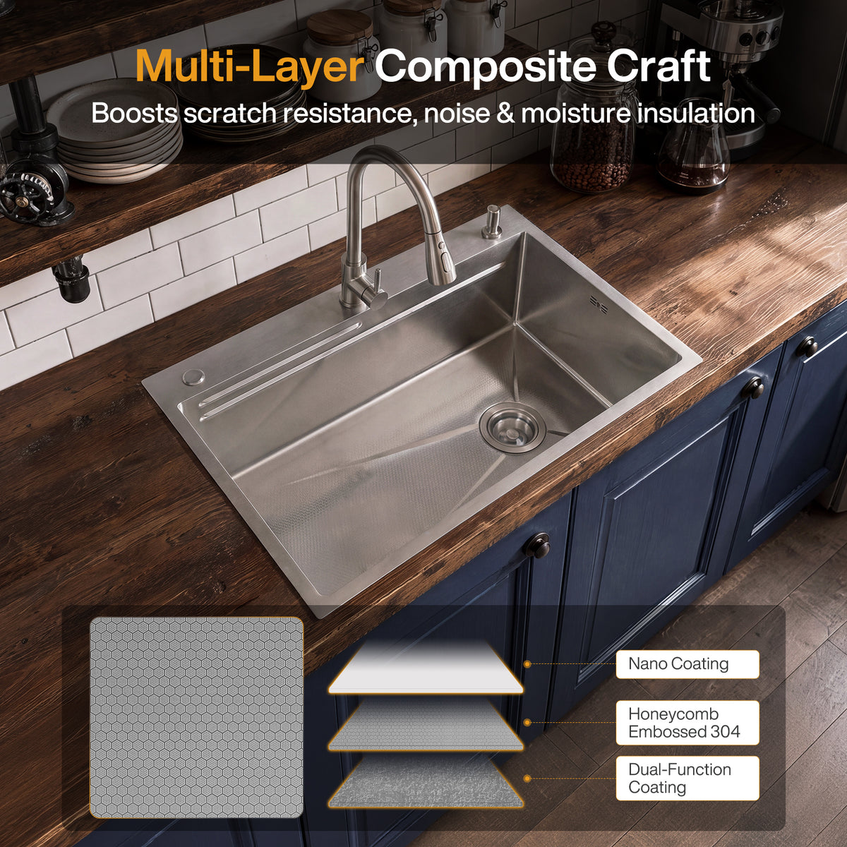 33x22 inch Drop In Kitchen Sink, 10" Deep Stainless Steel Sink with Multiple Accessories