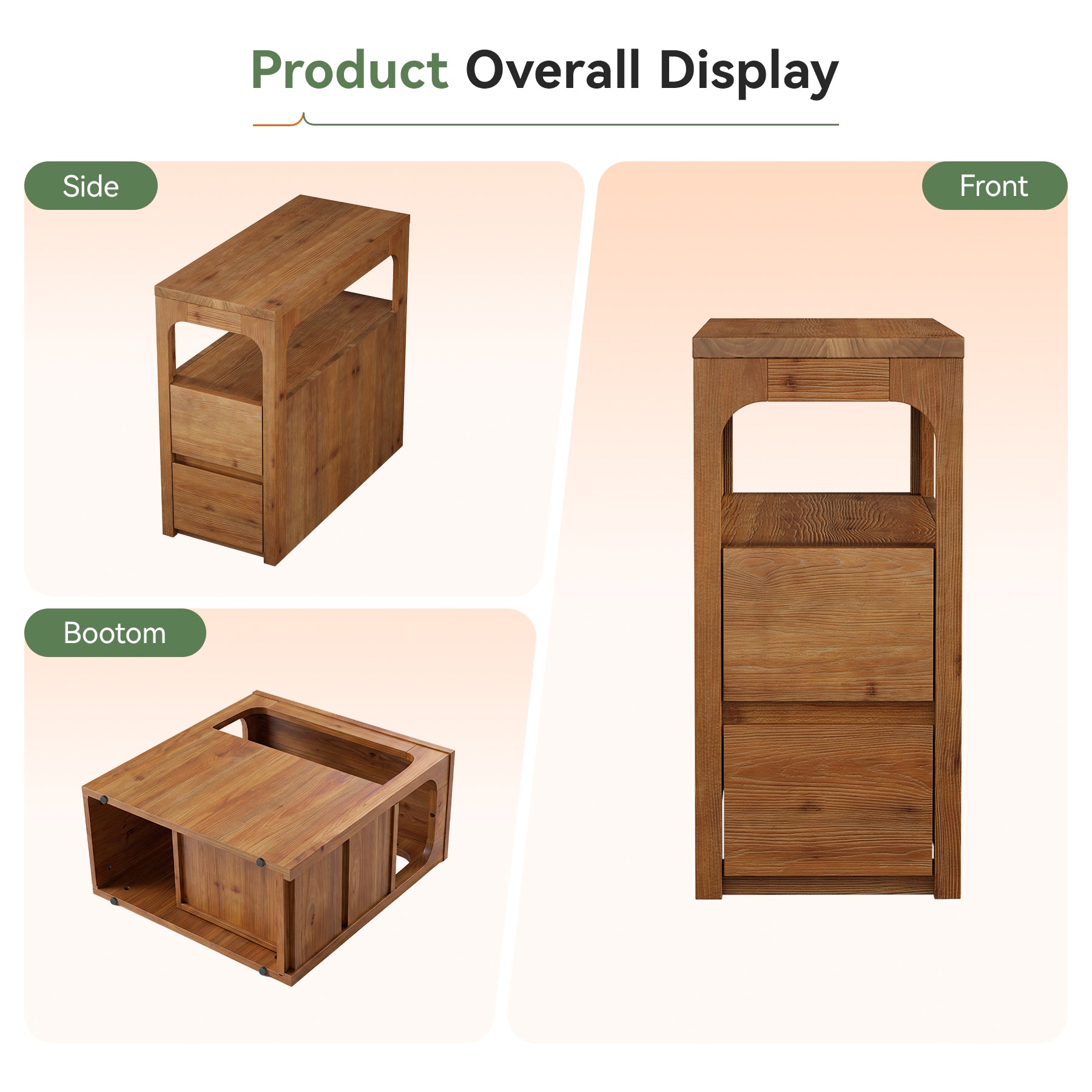 Narrow Solid Wood End Table, Farmhouse Side Table with 2 Drawers