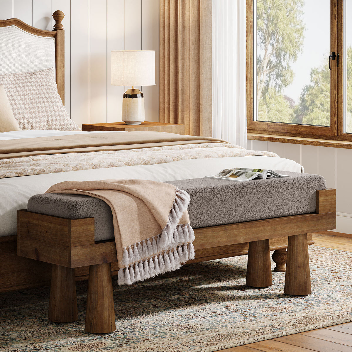 Upholstered Entryway Bench, Shoe Bench End of Bed Footstool with Solid Wood Legs