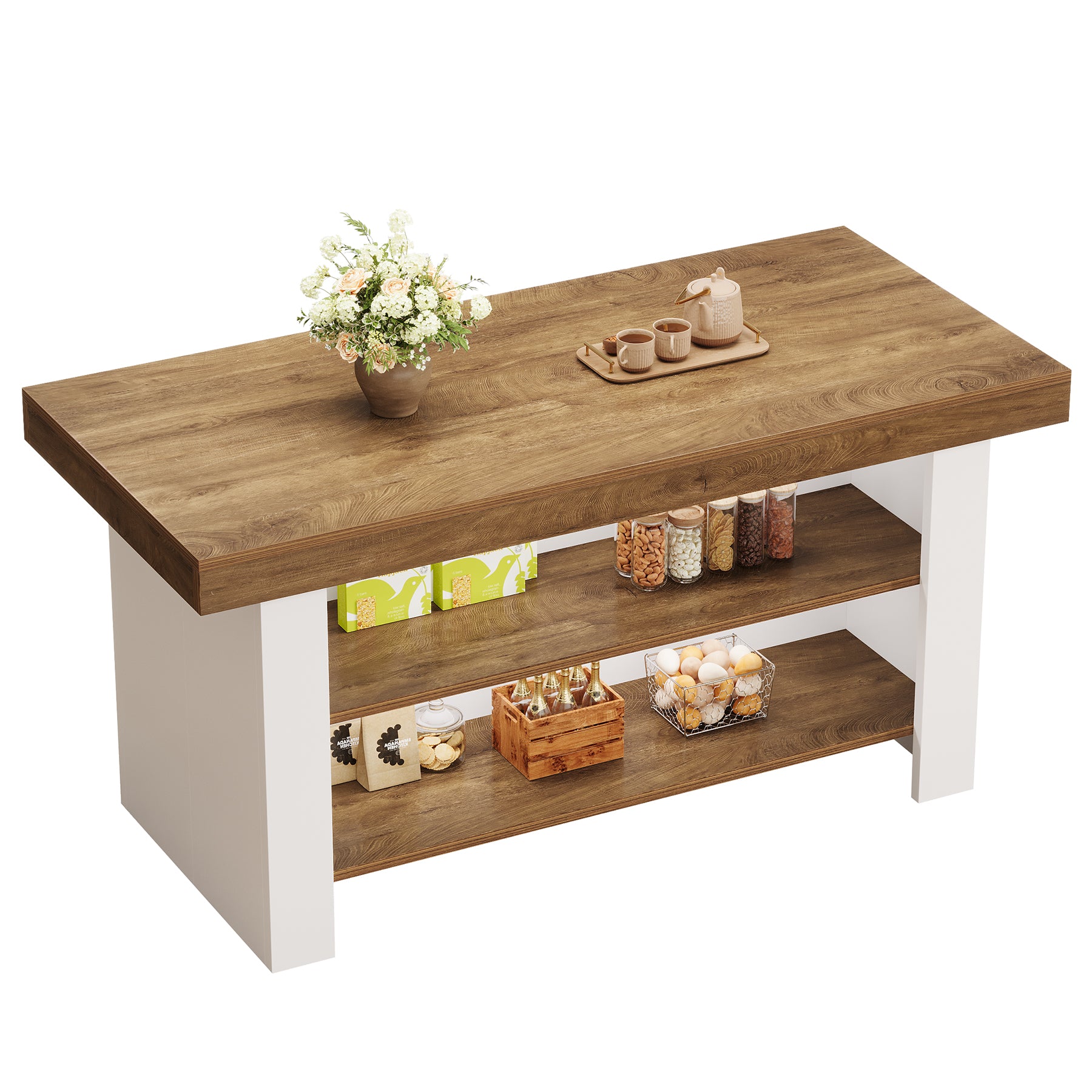 55" Kitchen Island, Farmhouse Center Island with 2 Tier Storage