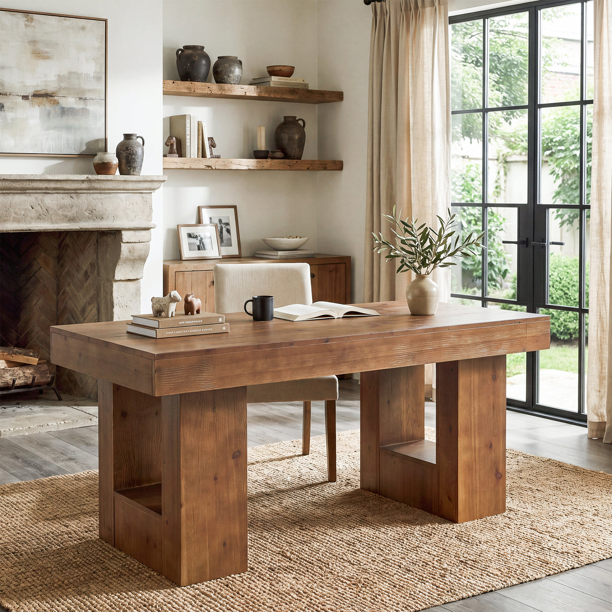 63" Solid Wood Computer Desk, Rectangular Home Office Desk with Sturdy Pedestal Base