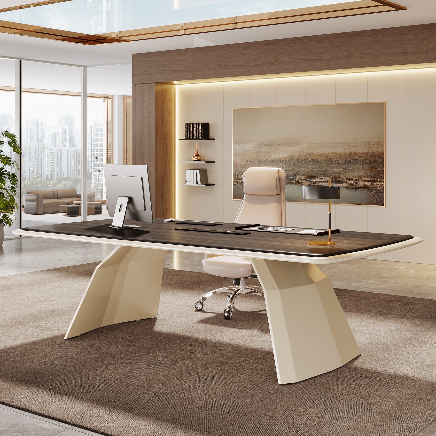 94.4" Luxury Executive Desk With Stainless Steel Base & Power Strip