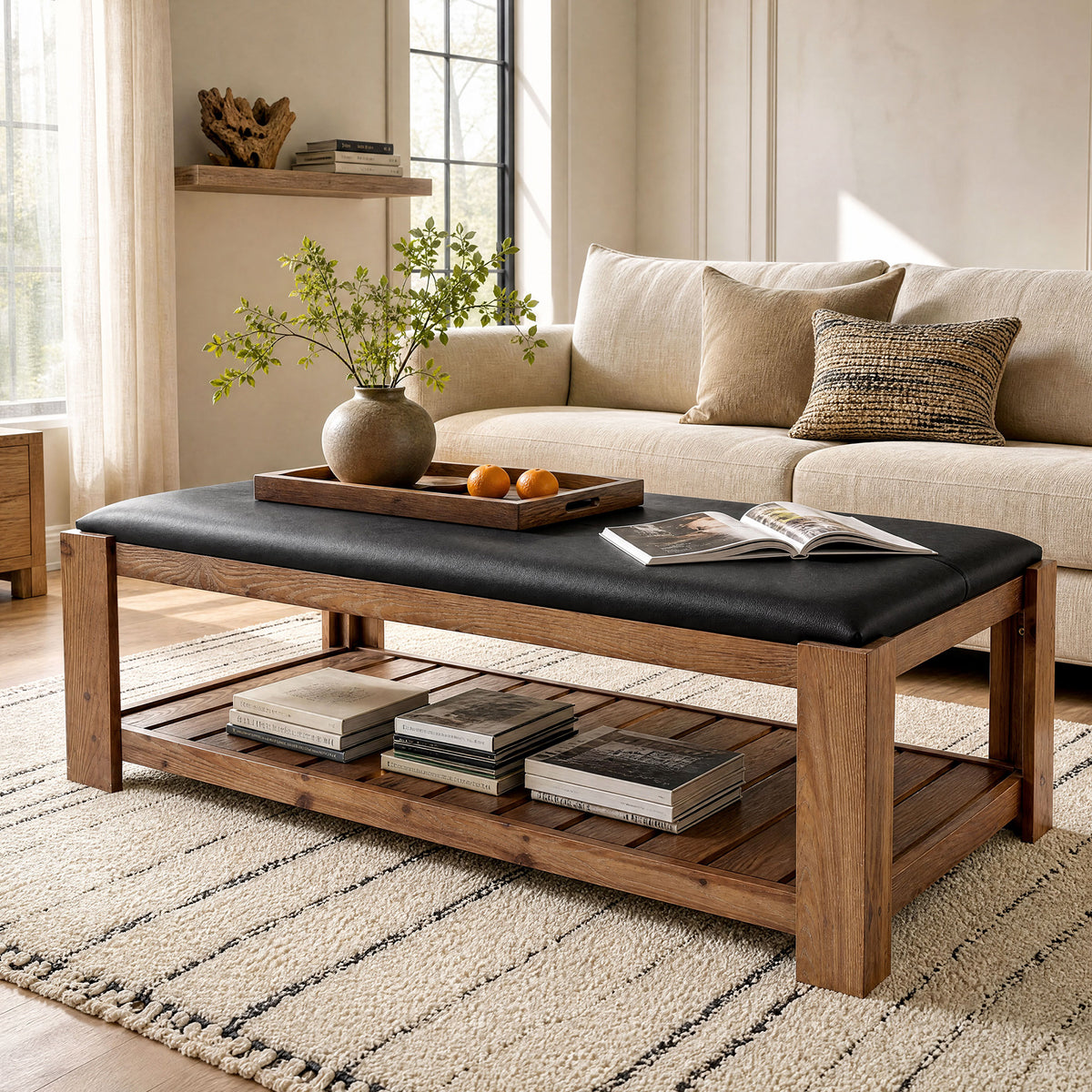 55" Solid Wood Coffee Table with PU Leather Padded Top & Storage Shelf