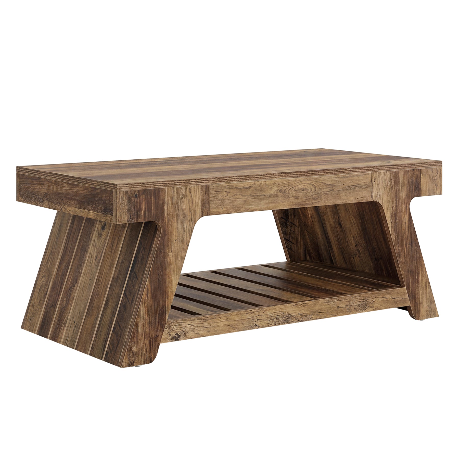 47" Farmhouse Coffee Table, 2-Tier Center Table with Slatted Storage Shelf for Living Room