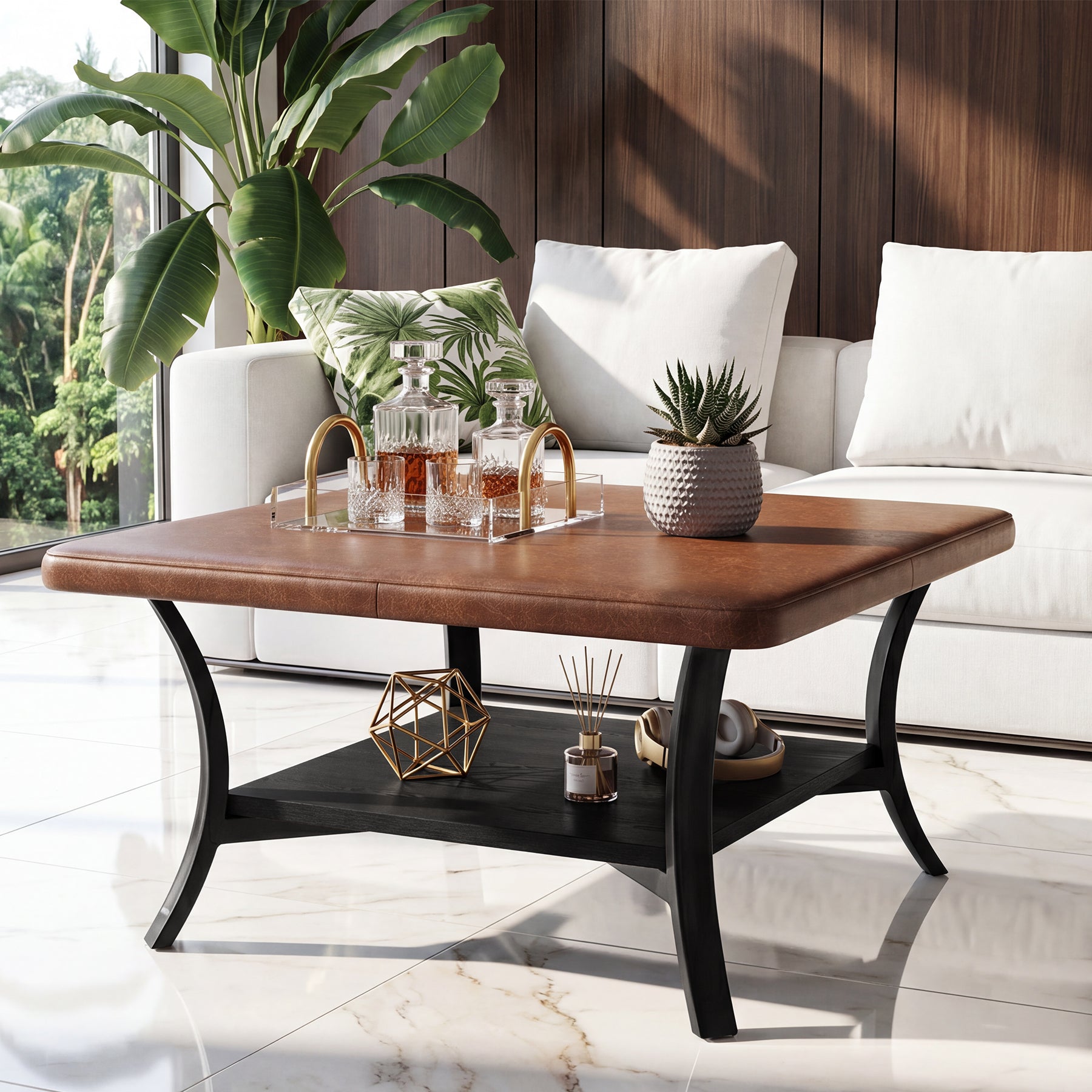 31.5" Square Coffee Table with Upholstered PU Leather Top, Modern Ottoman Coffee Table for Living Room