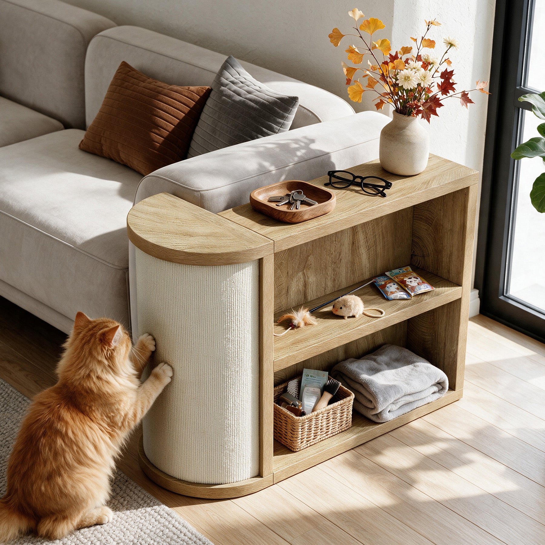 3-Tier End Table, Narrow Sofa Side Table with Reversible Cat Scratcher for Living Room