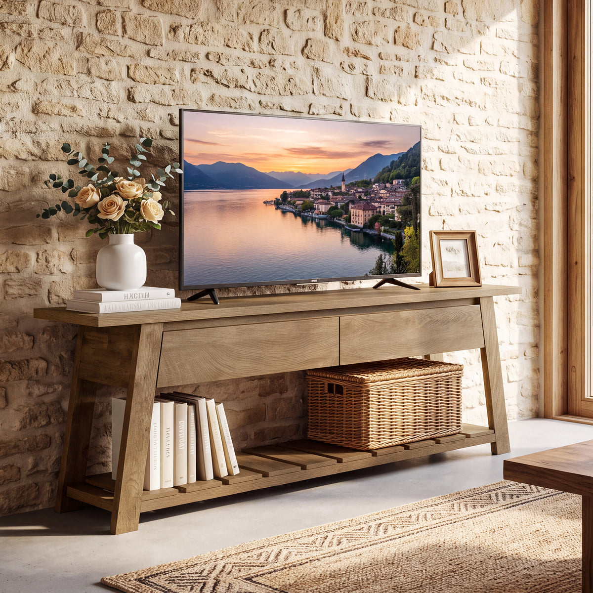 63" TV Stand with 2 Storage Drawers for 65"TV, Entertainment Center with Slatted Shelf