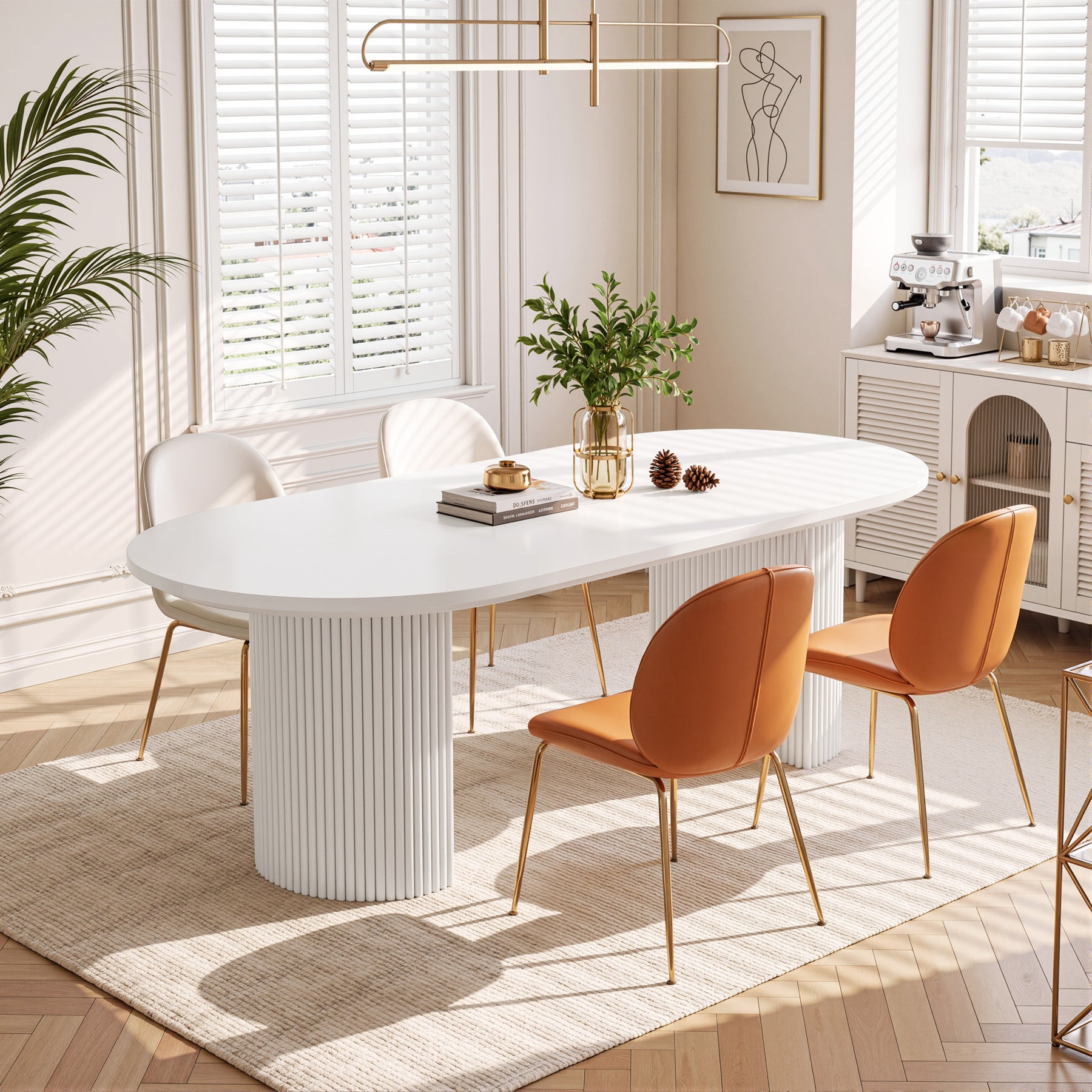 63" Oval Dining Table For 4-6, Modern Kitchen Table With Fluted Wooden Base