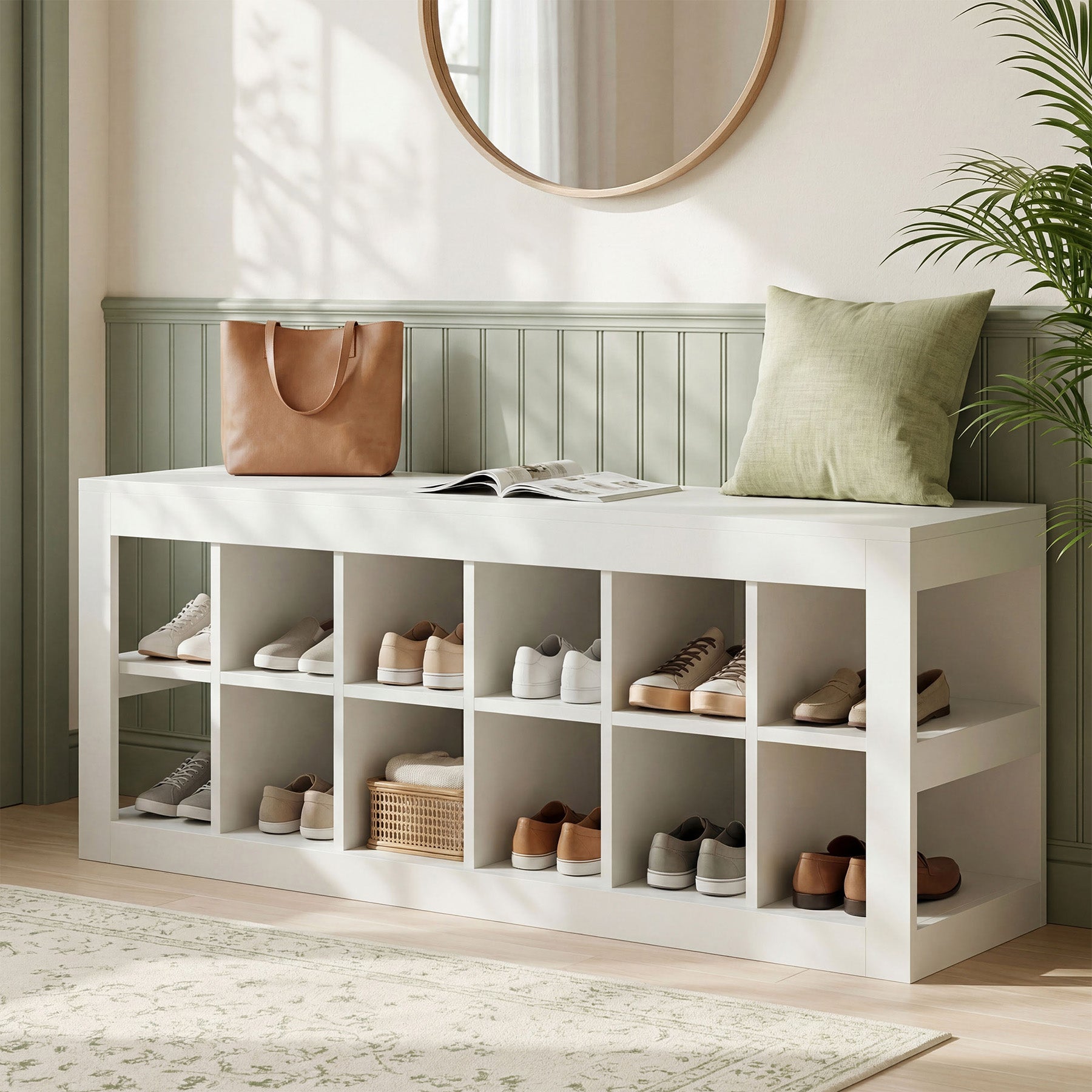 52.36" Shoe Storage Bench with 12 Cubbies, Wooden Entryway Bench for Hallway
