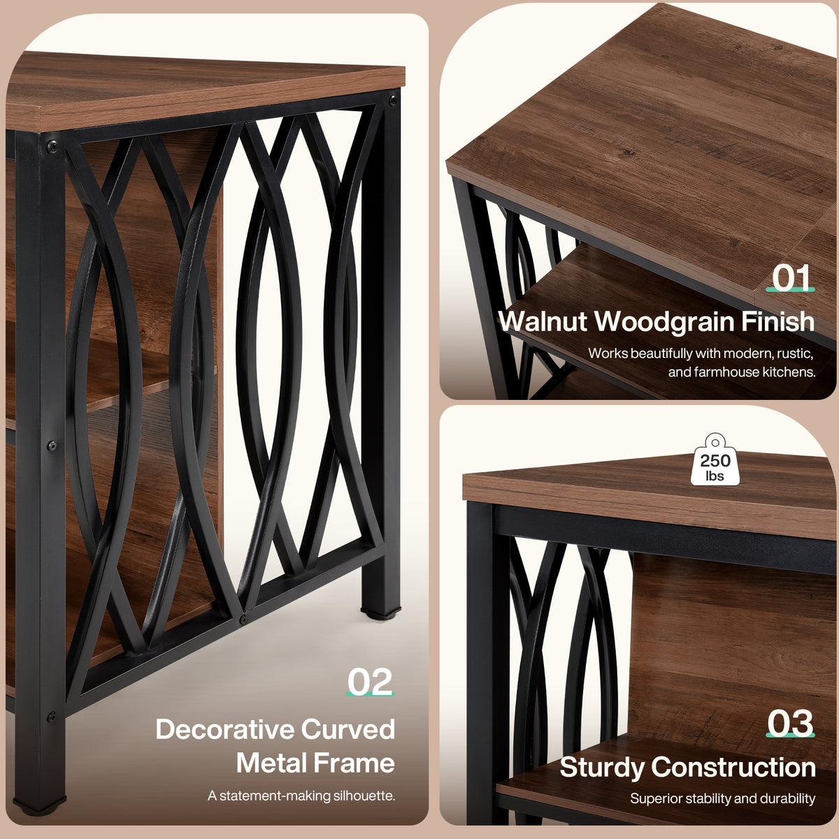 55" Kitchen Island with Storage, 3-Tier Stationary Island Table with Metal Frame for Kitchen