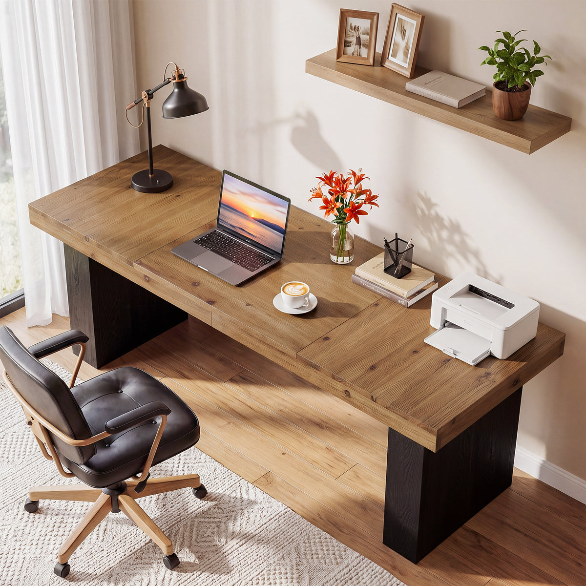 79" Solid Wood Executive Desk, Long Conference Table Computer Desk with Heavy Duty Base