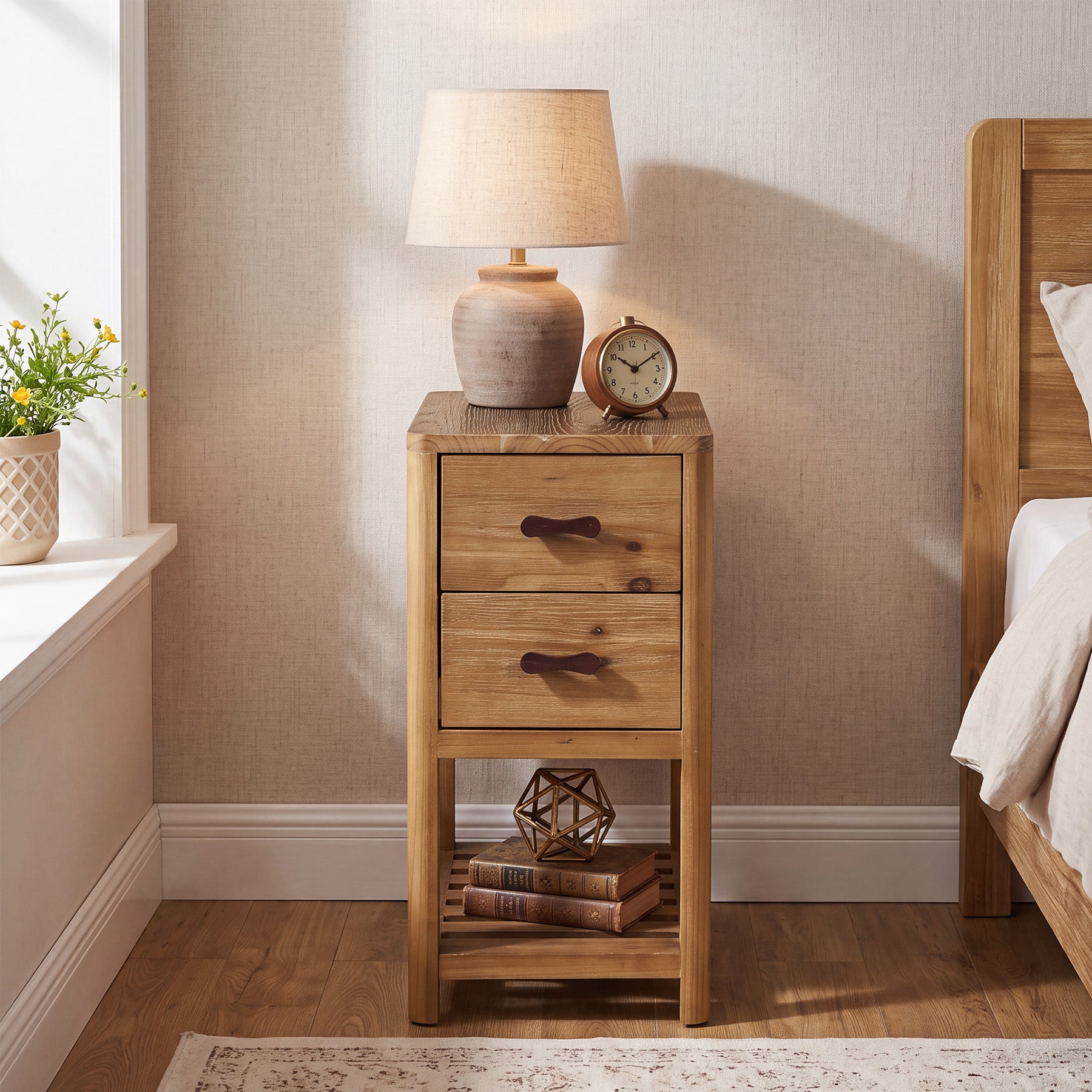 Farmhouse Narrow Nightstand with 2 Drawers, Solid Wood Skinny Bedside Table, Bedroom