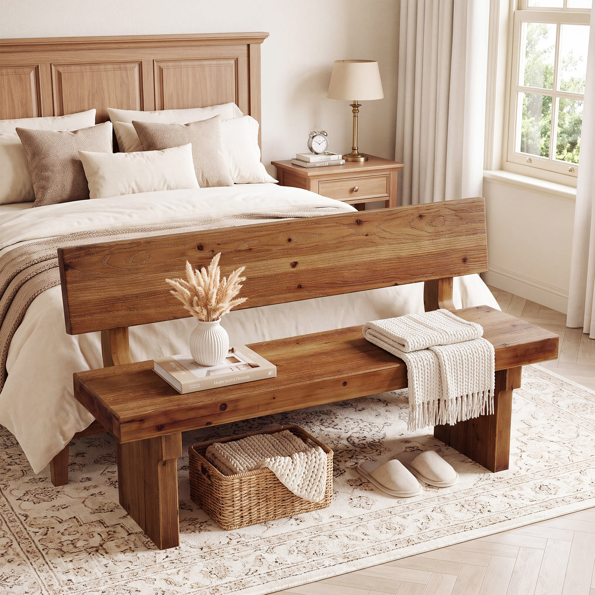 55" Solid Wood Dining Bench with Backrest, Kitchen Bench for Breakfast Nook