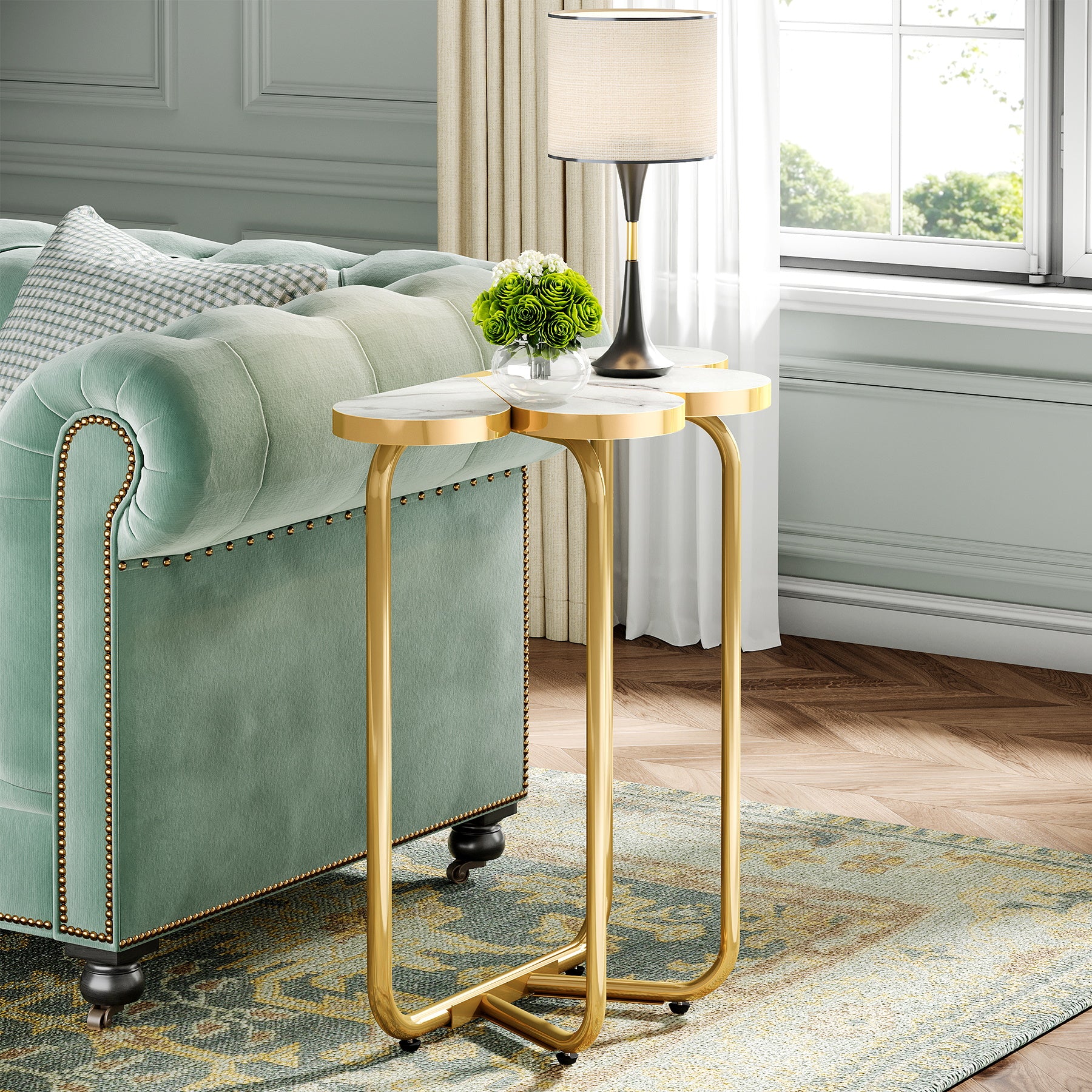 Half-Flower End Table, Faux Marble Side Table with Gold Frame