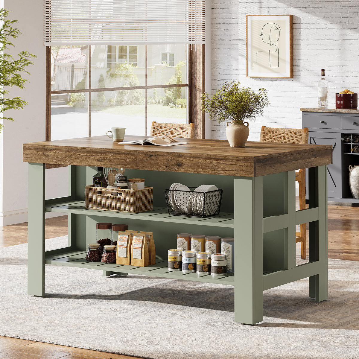 55" Kitchen Island, Breakfast Counter with Seating and Storage Shelves