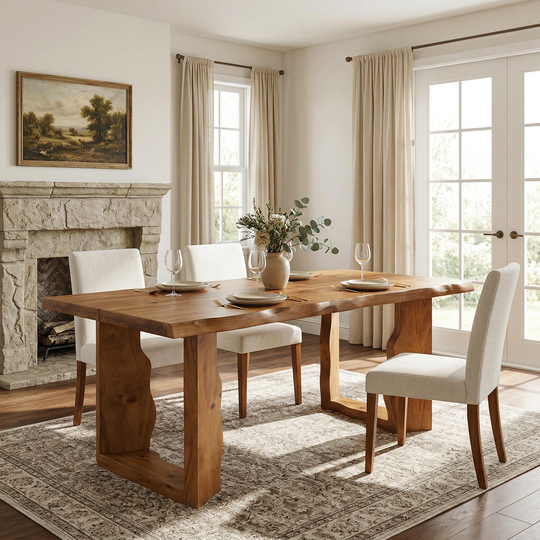 63" Solid Wood Live Edge Dining Table for 6, Rustic Modern Kitchen & Dining Room Table with Sculptural Legs