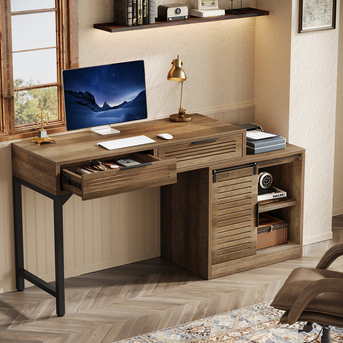 Wooden Computer Desk, Home Office Desk with Reversible Storage Cabinet