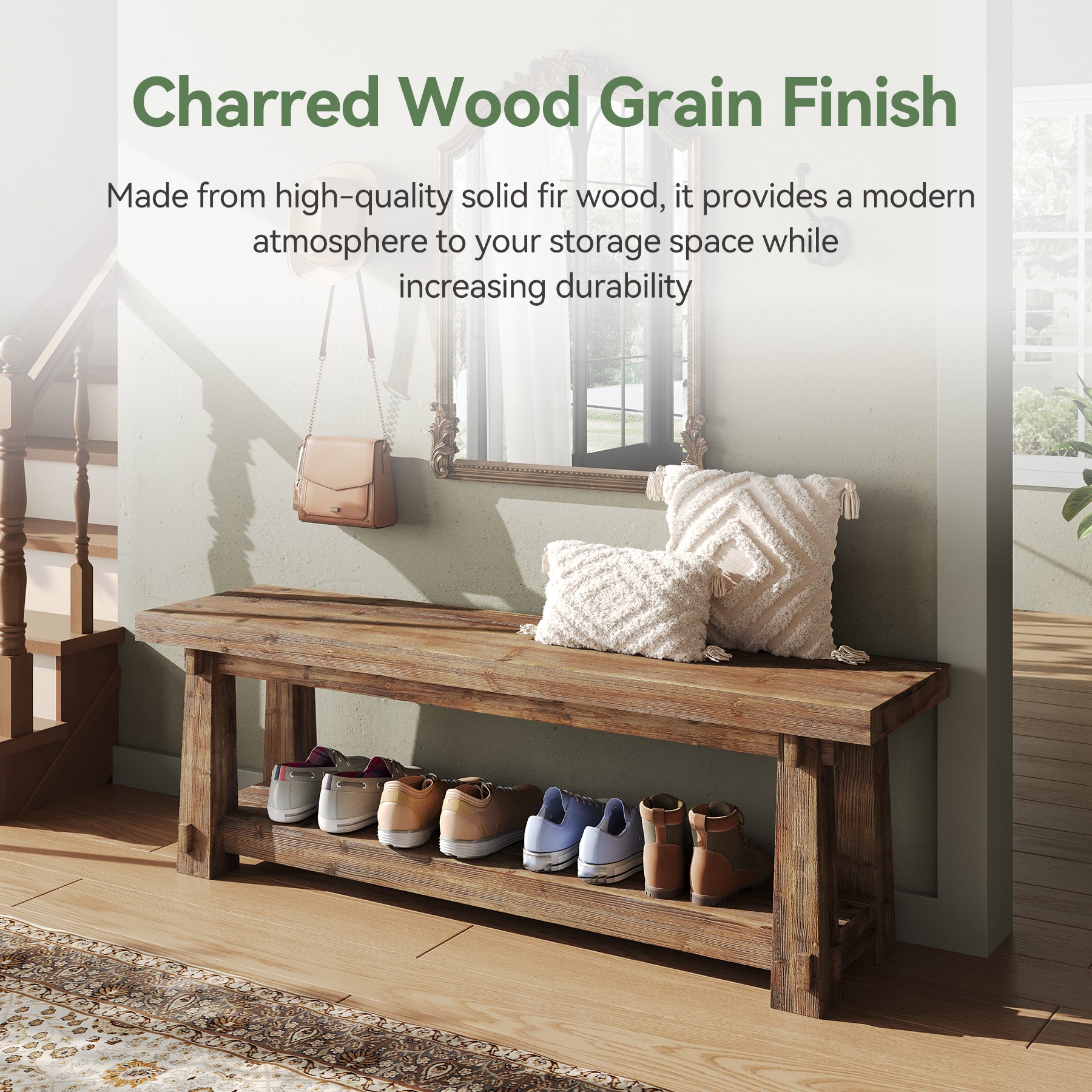 55" Entryway Bench, Foyer Bench with Shoe Storage for Hallway
