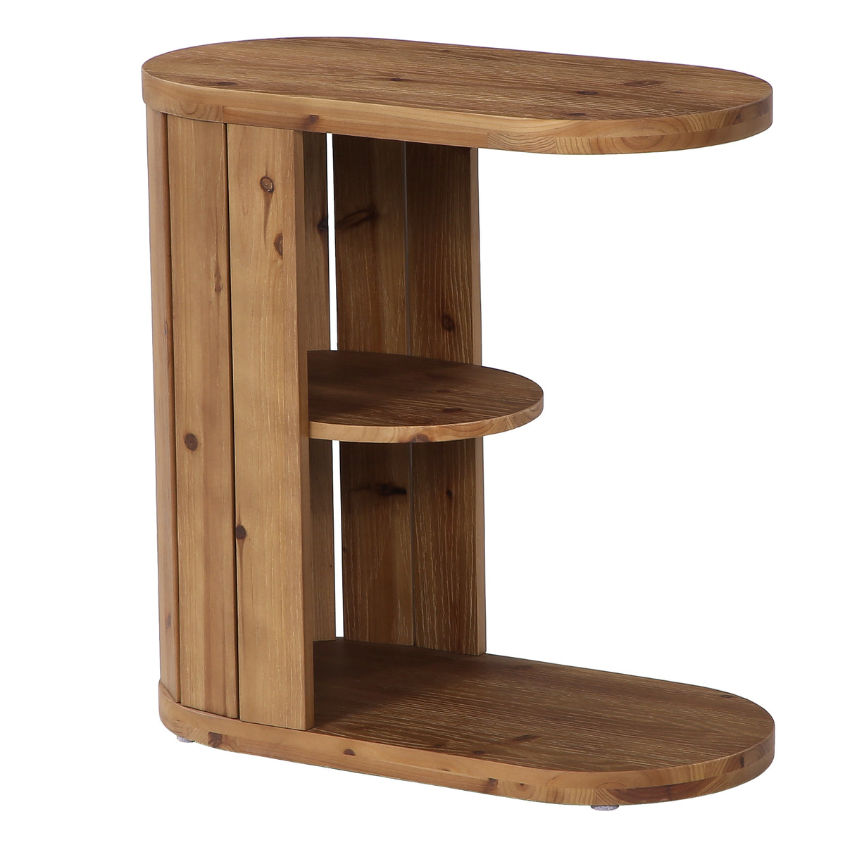 Rustic Solid Wood C-Shaped Side Table with Storage, Narrow Sofa End Table