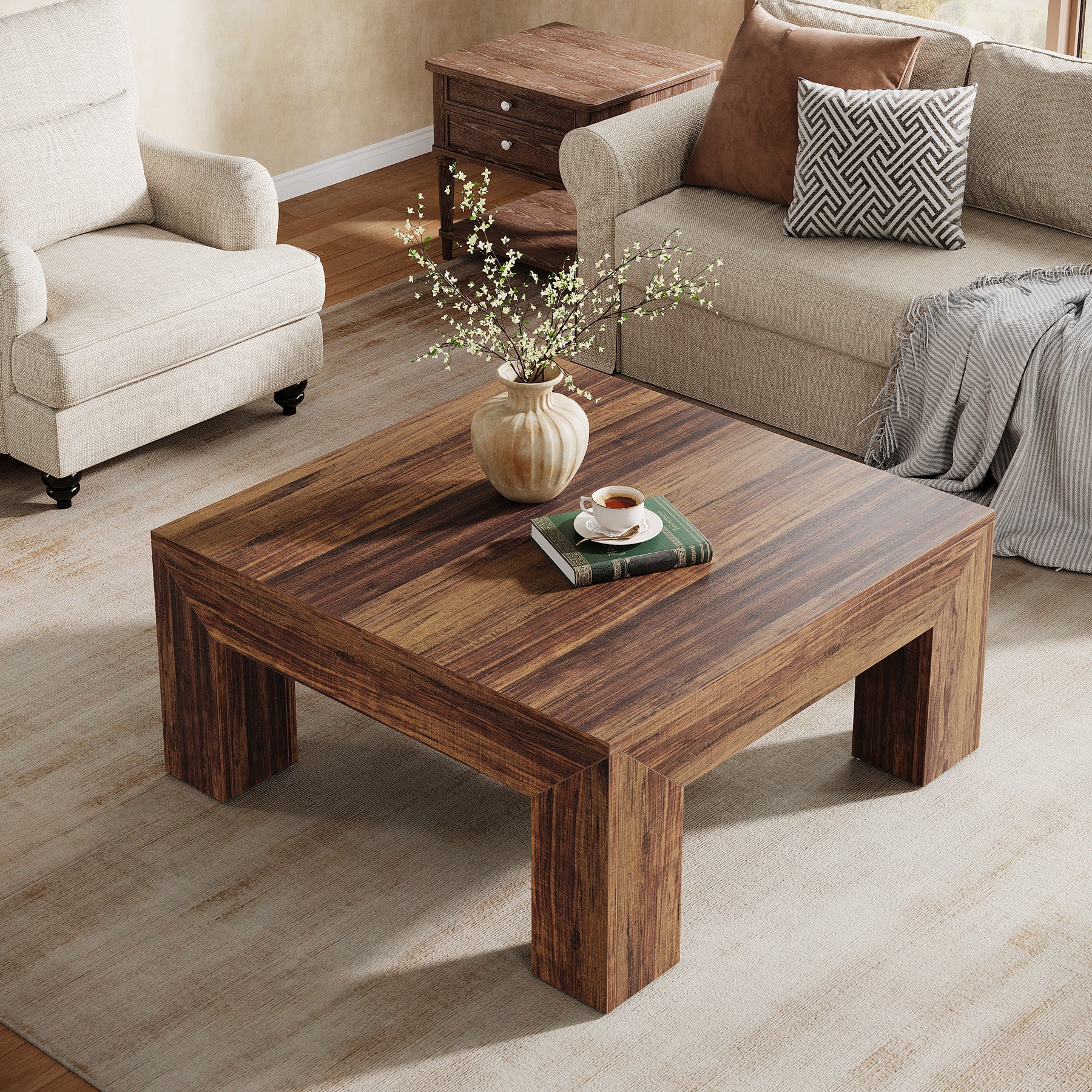 Square Coffee Table, 39.37"  Center Tea Accent Table with Sturdy Legs