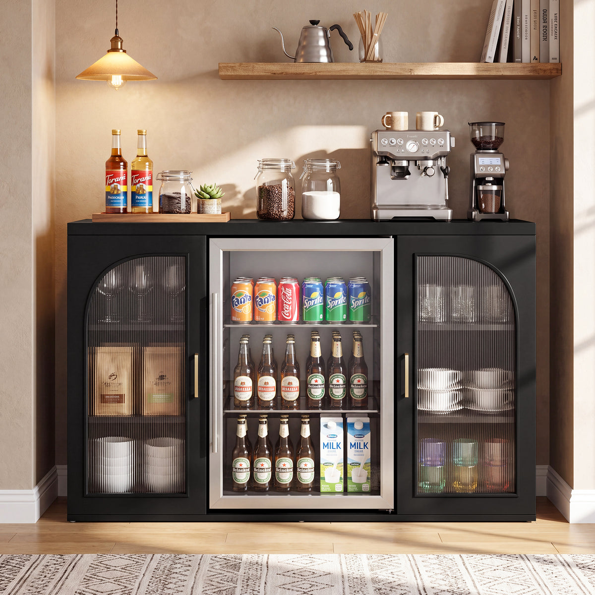 53" Coffee Bar Cabinet with Mini Fridge Space & LED Lights, Fluted Acrylic Door