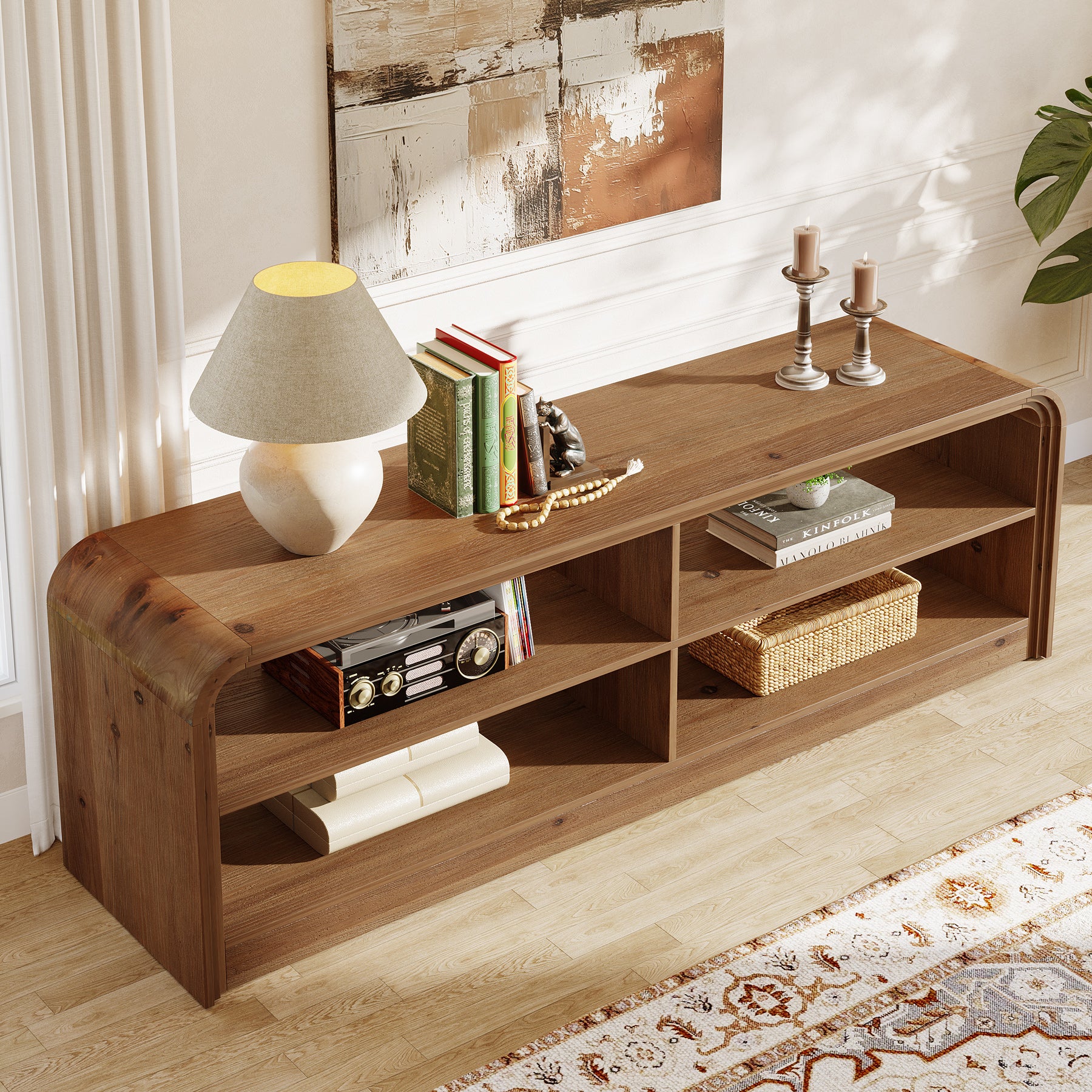 Solid Wood TV Stand, 63" TV Console Table with Storage for 55/60/65/75-Inch TVs
