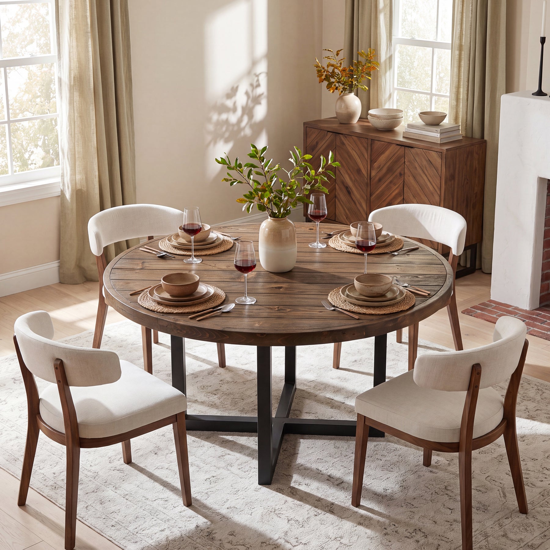 47" Round Dining Table, Solid Wood Kitchen Table with Metal Cross Base for 4-6