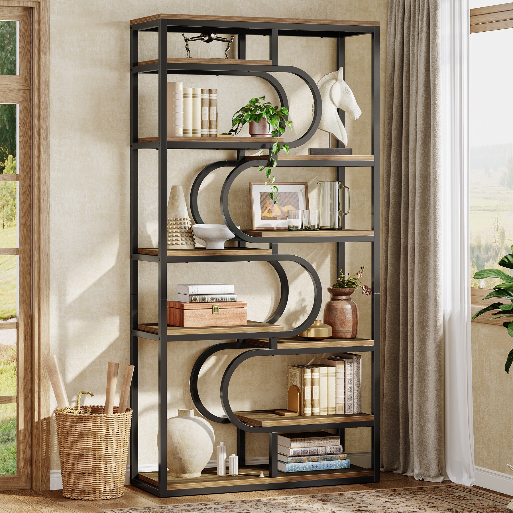 71" Bookshelf, Industrial Etagere Bookcase with Open Storage Shelves
