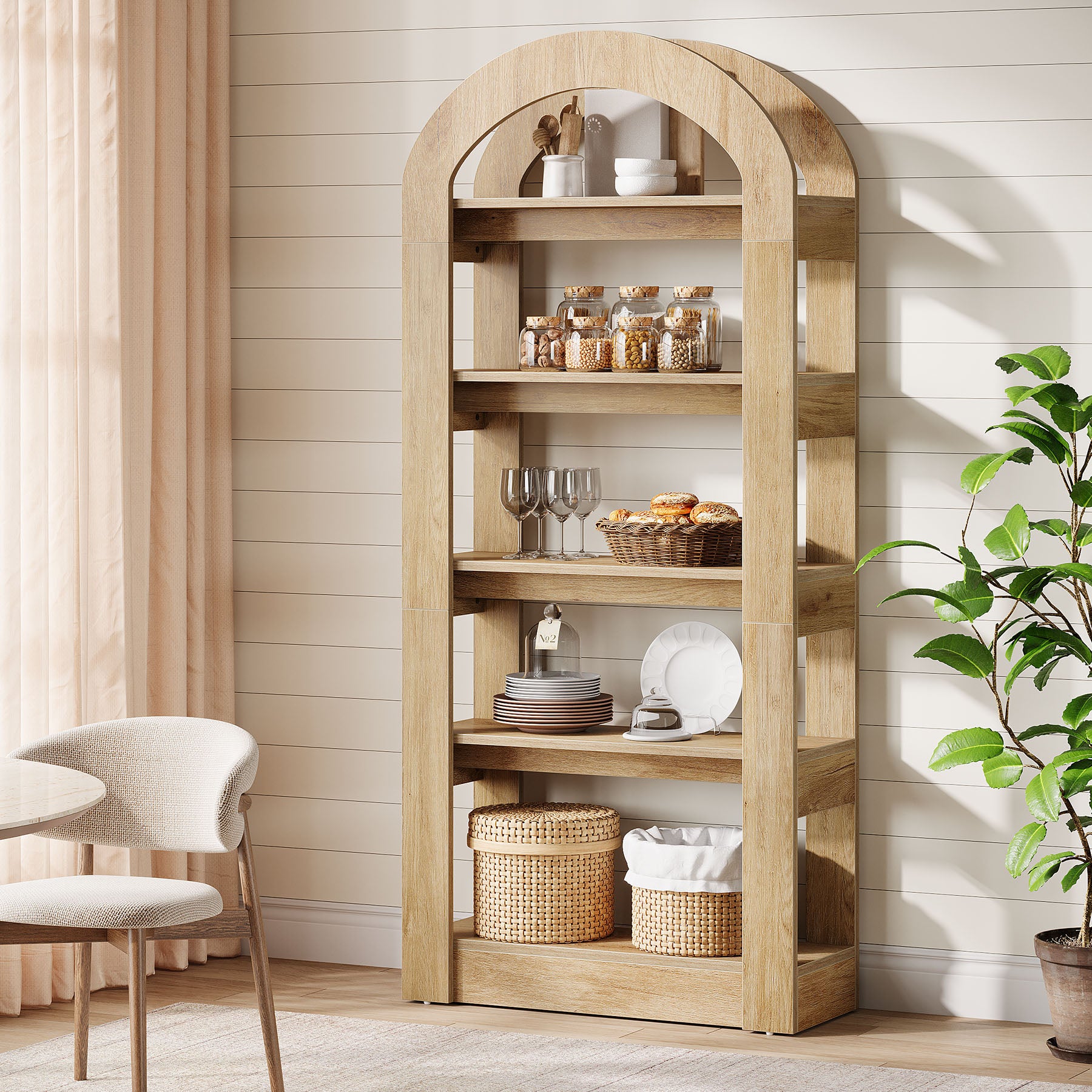 5-Tier Wooden Bookshelf with Arched Top