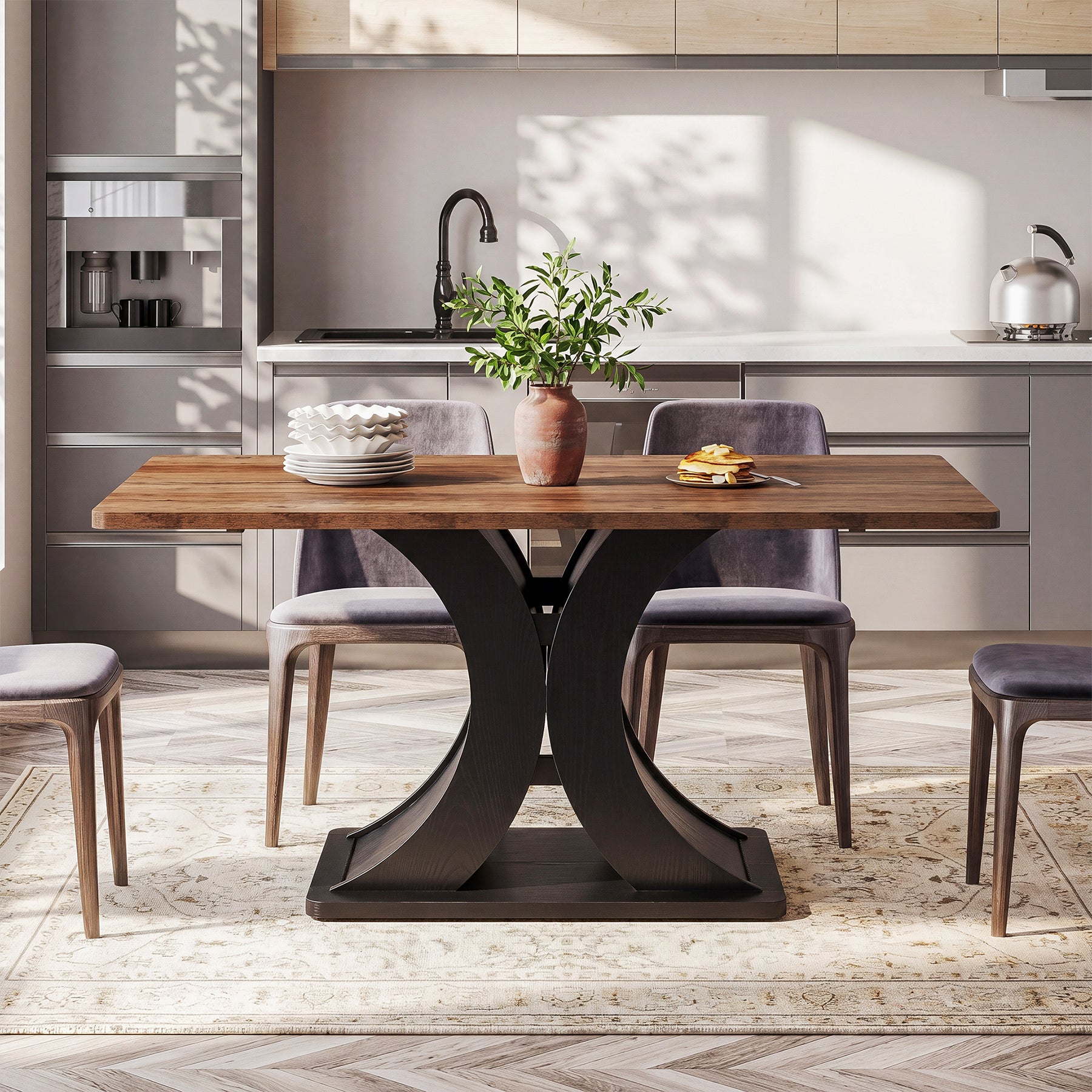 55-Inch Dining Table for 4-6, Farmhouse Wooden Table with Pedestal Base for Kitchen Dining Room