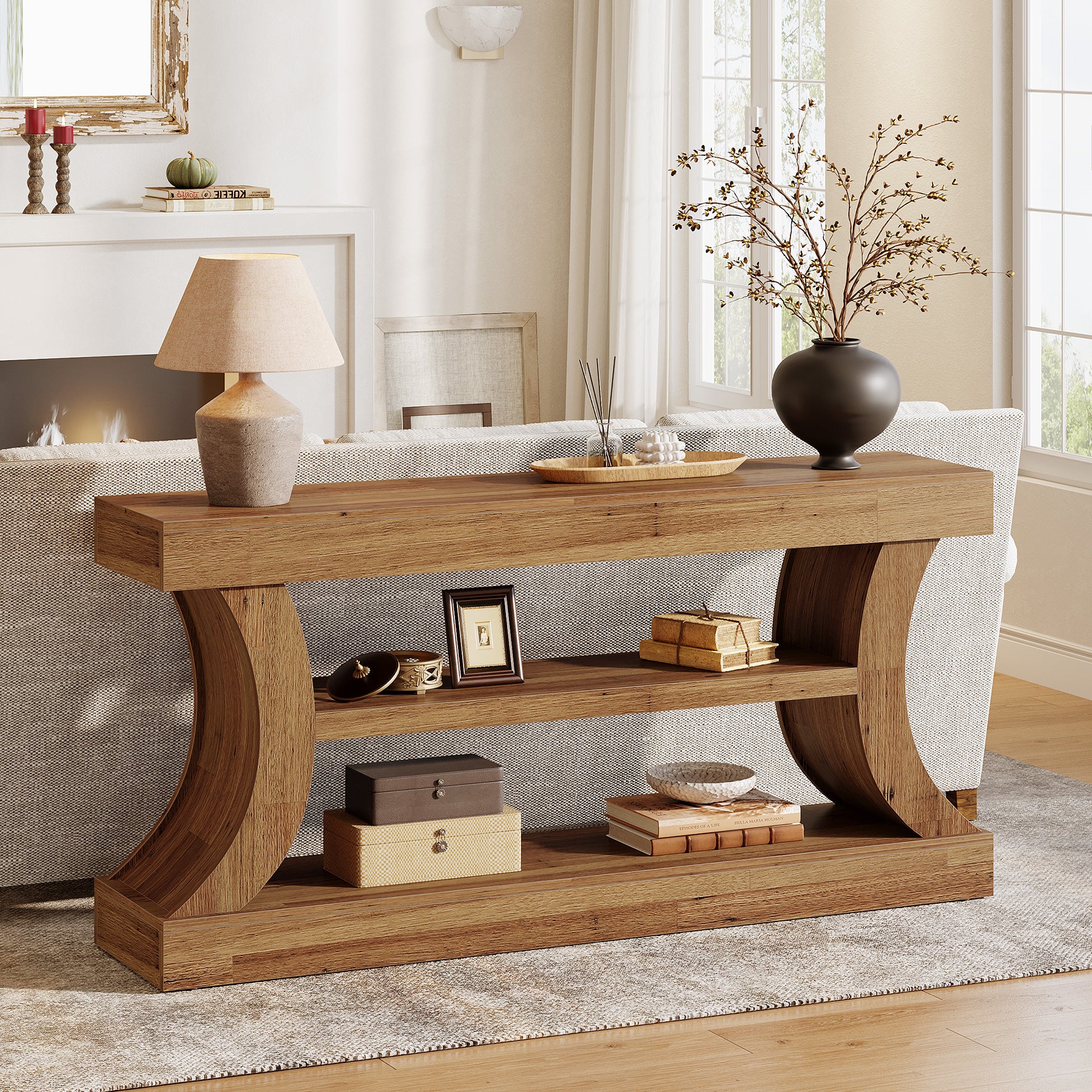 63" Farmhouse Console Table with Storage, Curved Entryway Sofa Table & TV Console with 3-Tier Shelves