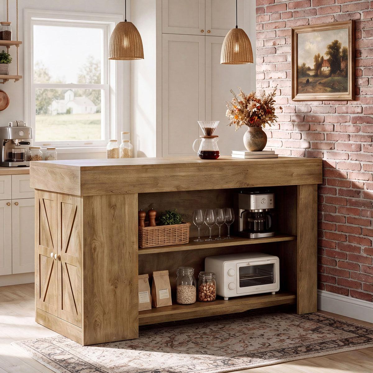 55" Kitchen Island with Storage Cabinet and Shelves, Farmhouse Bar Table for Kitchen