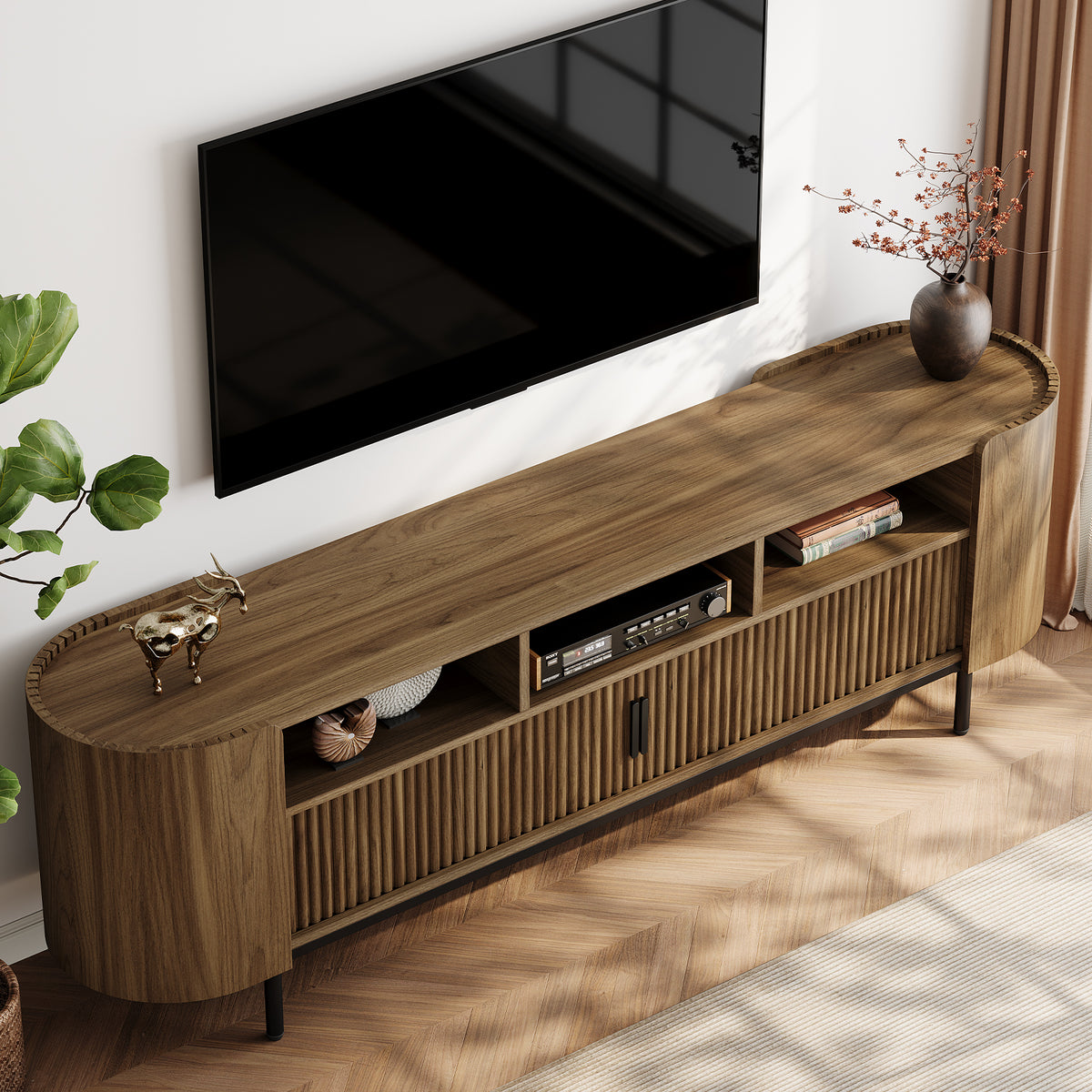 71 Inch TV Stand with Fluted Sliding Doors and Storage, Mid Century Media Console for Living Room
