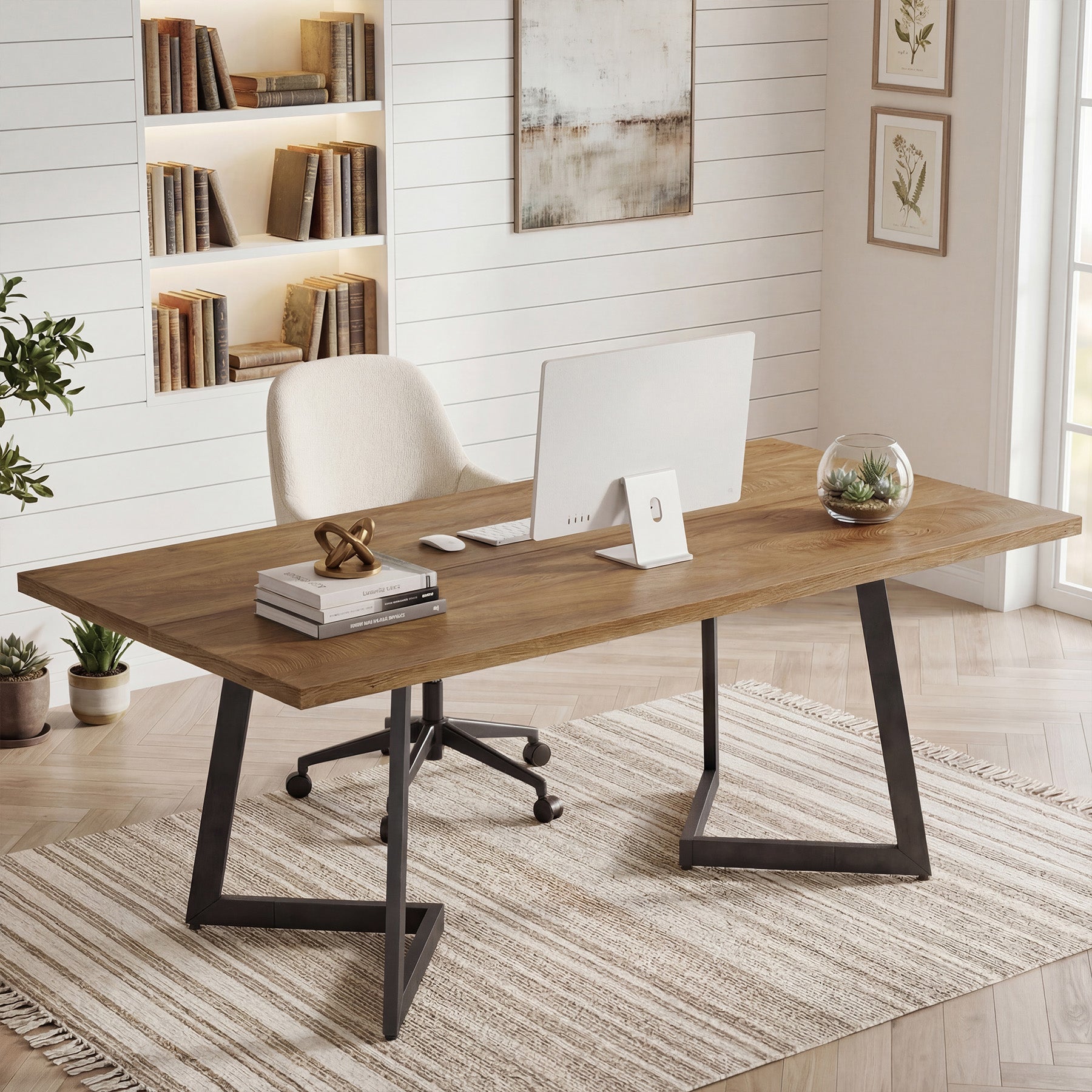 62" Industrial Office Desk, Modern Executive Computer Desk with Sturdy V-Shaped Metal Legs for Home Office