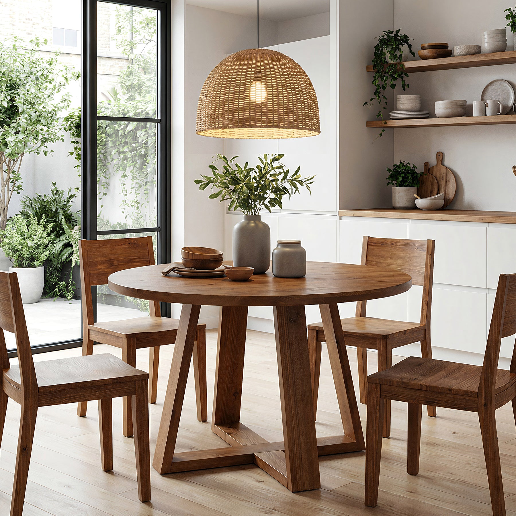 47.2" Round Dining Table, Farmhouse Solid Wood Kitchen Table with Trestle Base for 4