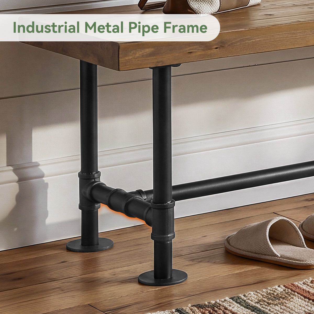 71" Solid Wood Entryway Bench, Industrial Shoe Bench with Metal Pipe Legs for Hallway