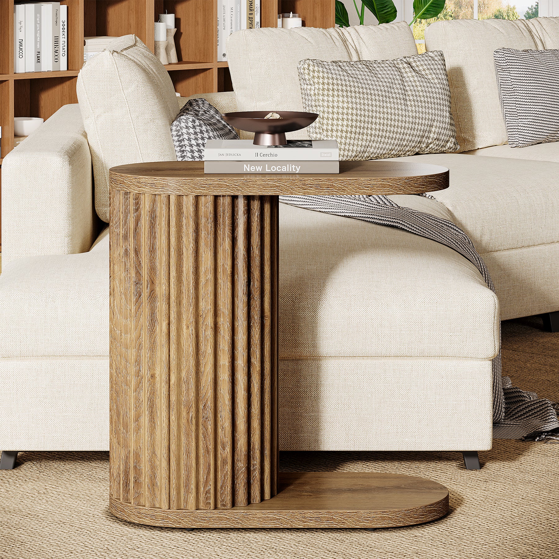 23.62" Fluted C-Shaped End Table with Oval Top, Narrow Side Table for Couch