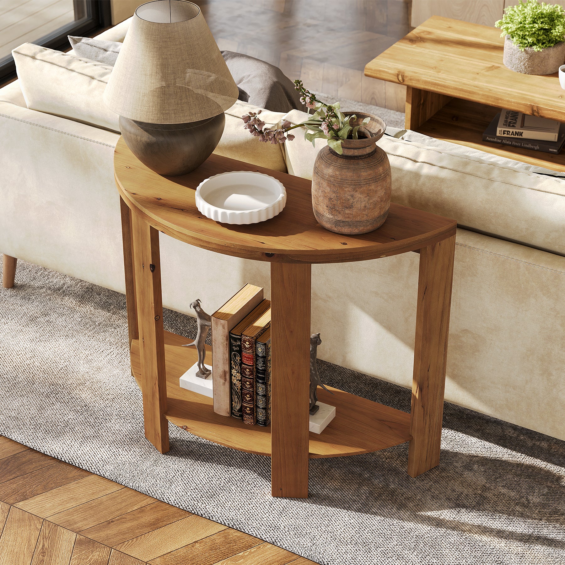 Solid Wood Console Table, Half-Moon 41.3" Hallway Table with 2-Tier Storage