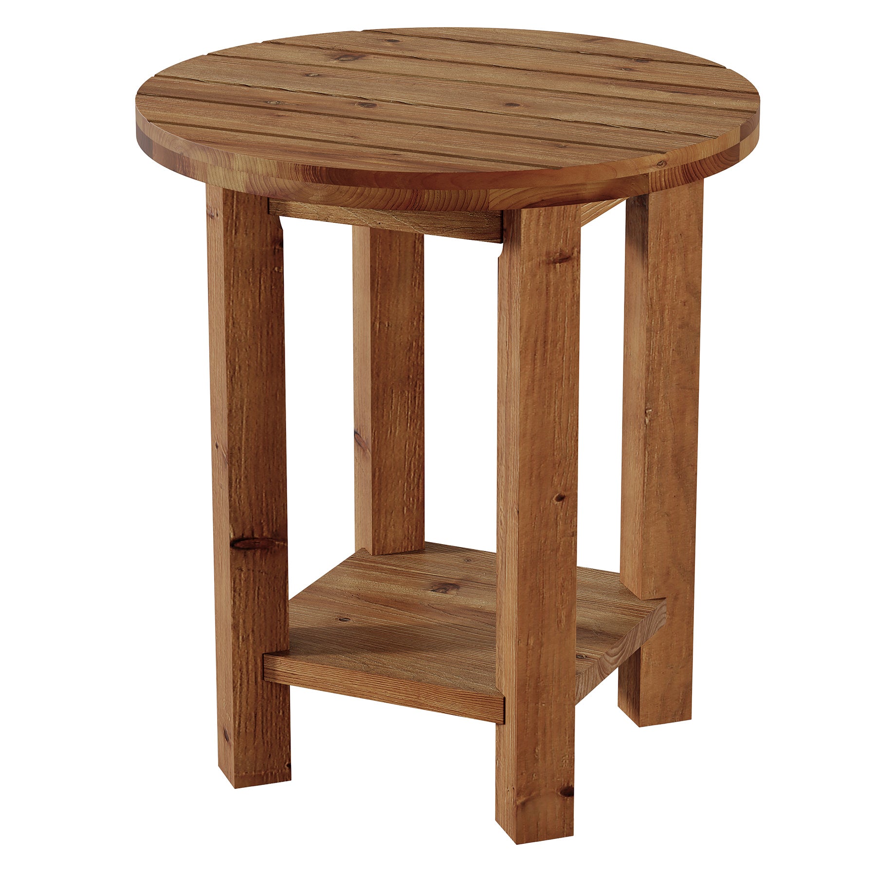 2-Tier End Table, Solid Wood Round Side Table with Grooved Textured Tabletop