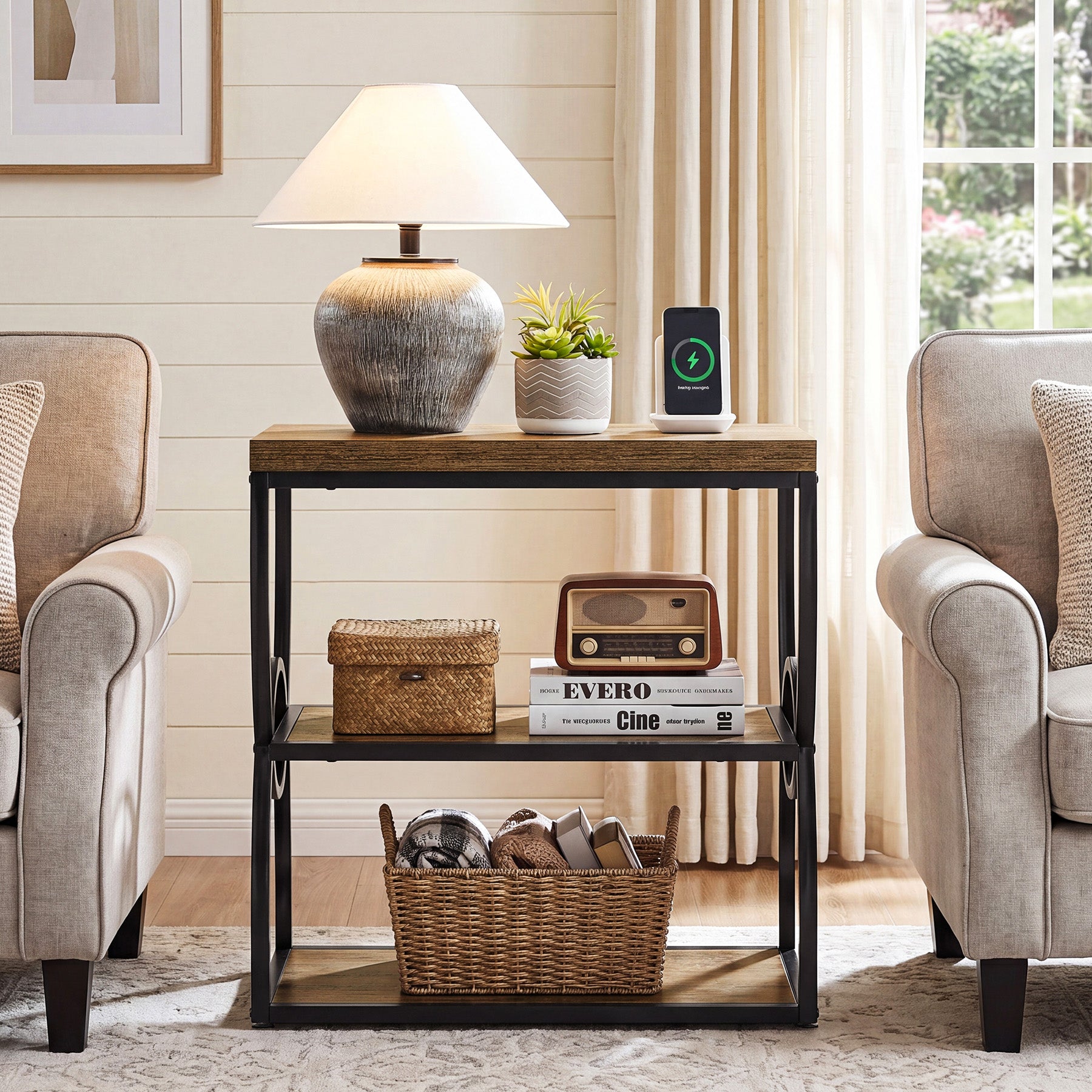 Tribesigns 25.59-Inch Industrial Narrow End Table with 3 Open Shelves, Slim Side Table for Small Spaces