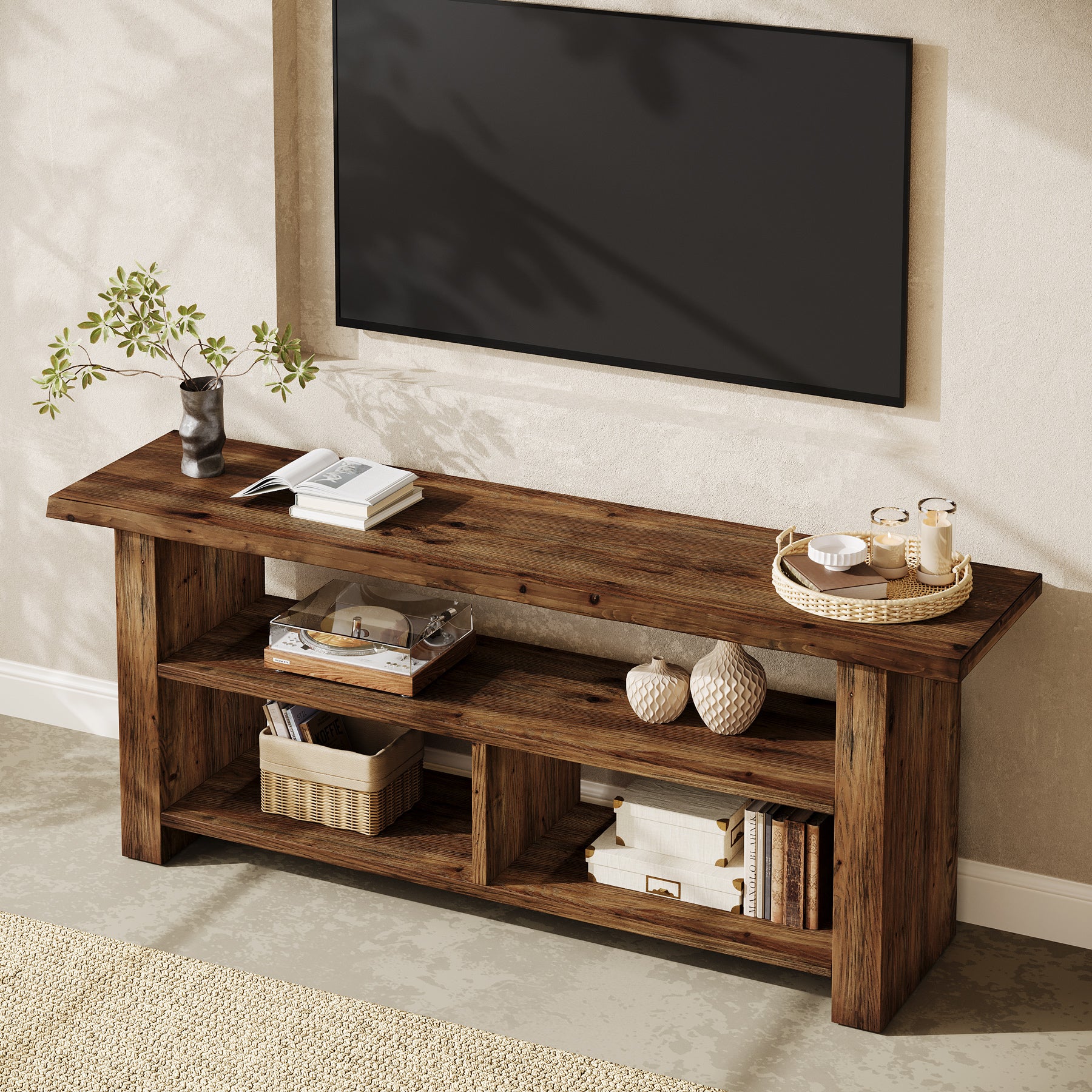 63" Solid Wood TV Stand for Up to 75 Inch TVs, Farmhouse Media Console with Open Storage Shelves