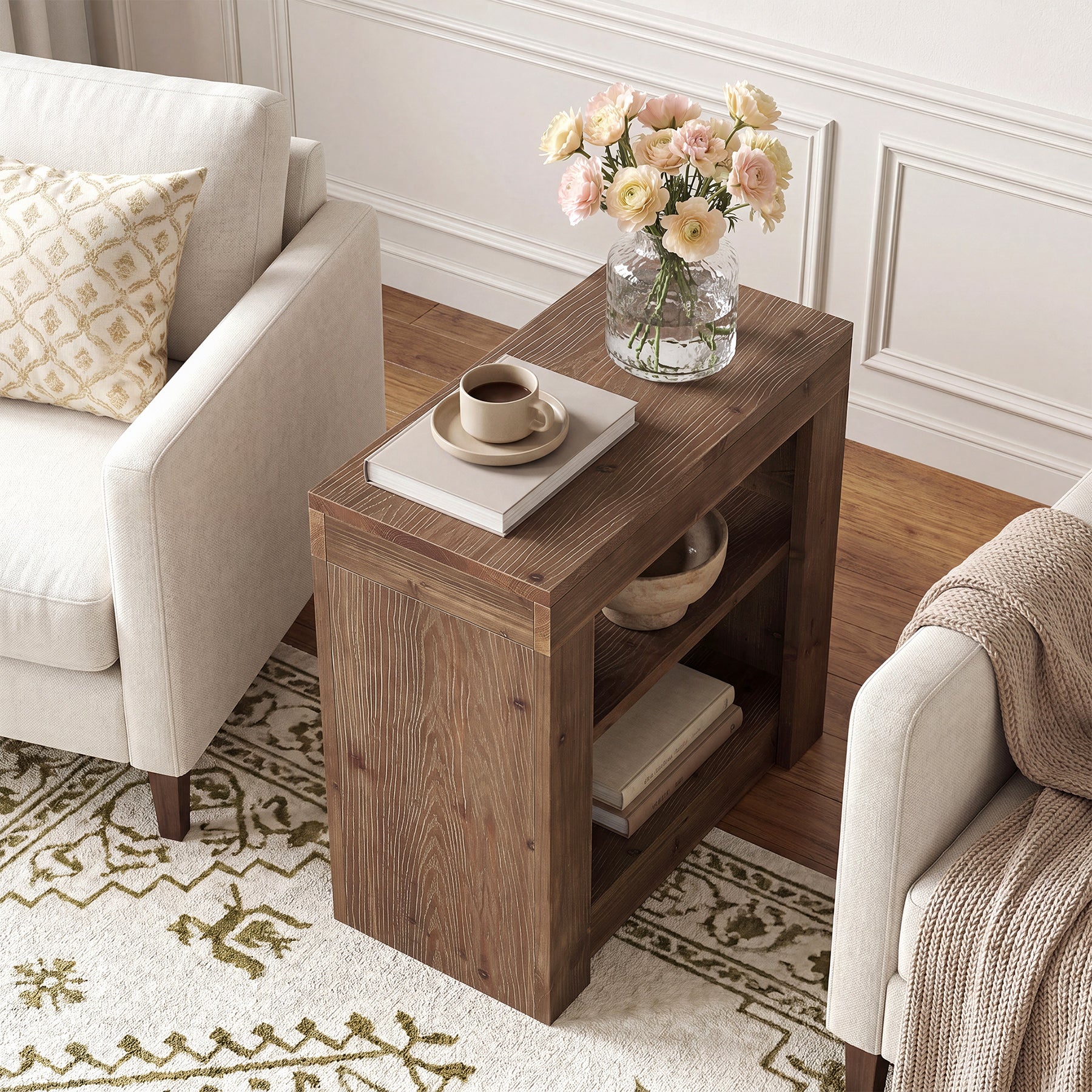 Solid Wood Rectangle End Table, Slim Side Table with Storage Shelf for Living Room