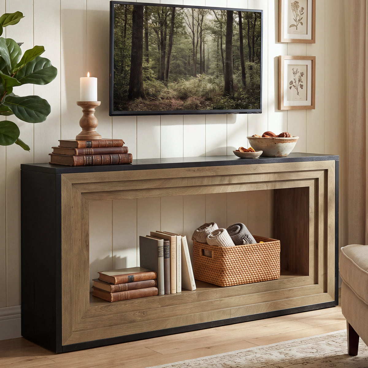63" TV Stand for 65" TV, Entertainment Center with Open Bottom Shelf for Living Room